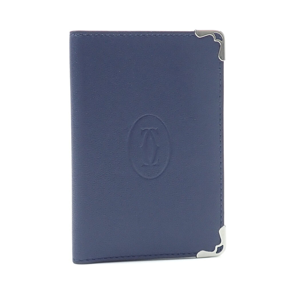 Cartier bi-fold card case for men, navy leather, with initials.